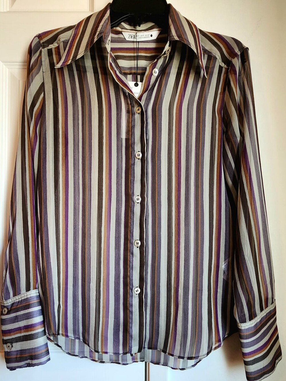 NWT Zara Sheer Striped Button-Up Blouse in Neutral Multicolor